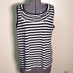 Chicos Black & White Stripe Tank Top Size 2 Large Ruffle Fringe